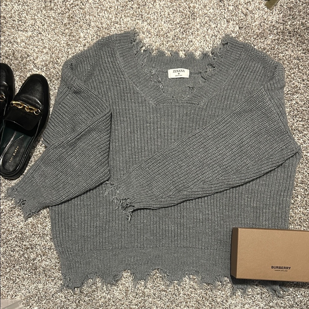 Charcoal V-Neck Distressed Sweater